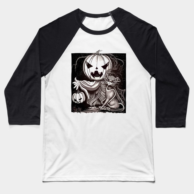 Pumpkin face scary with cat in dark forest and full moon, cute Halloween in dark atmosphere Baseball T-Shirt by Collagedream